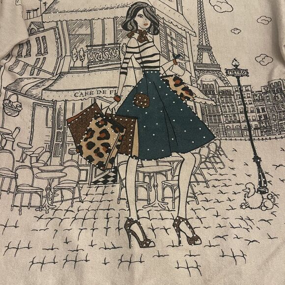 Womens Novelty Graphic Sweater Sz S Beige Parisian Girl Embellished Cute Artsy - Picture 13 of 15